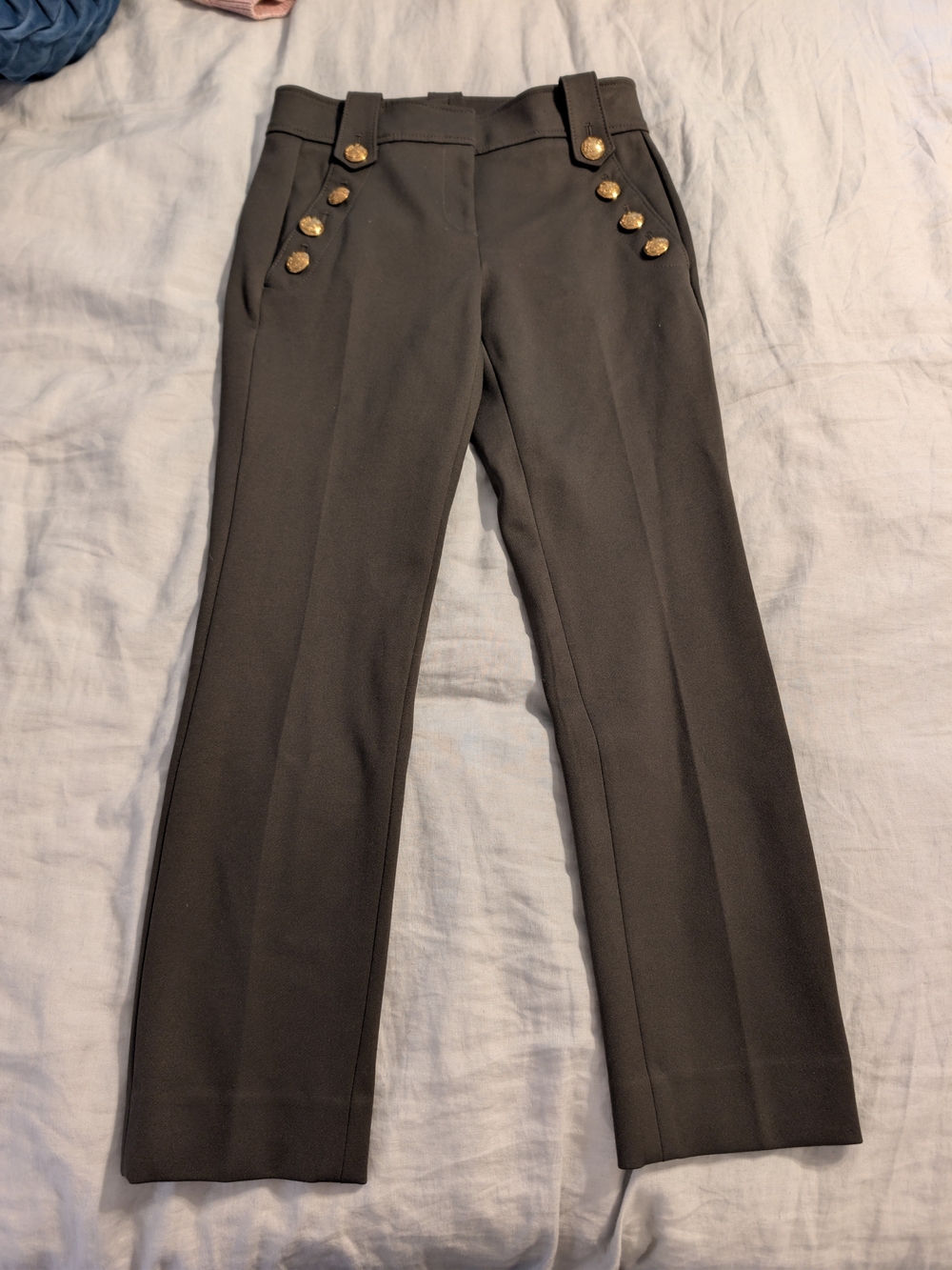 NWT White House Black Market Jolie Button Straight Pants Olive Gold Crest Size 2